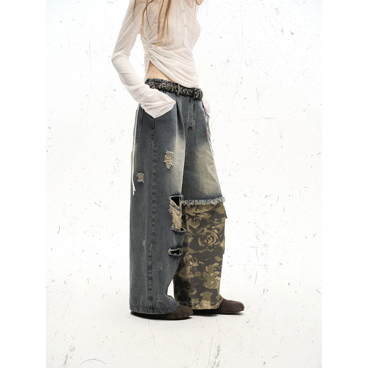 Men's High Street Destroyed Jeans Pants Cargo Jeans With Camouflage Patchwork Streetwear Ripped Loose Fit Vibe Style Denim Pants