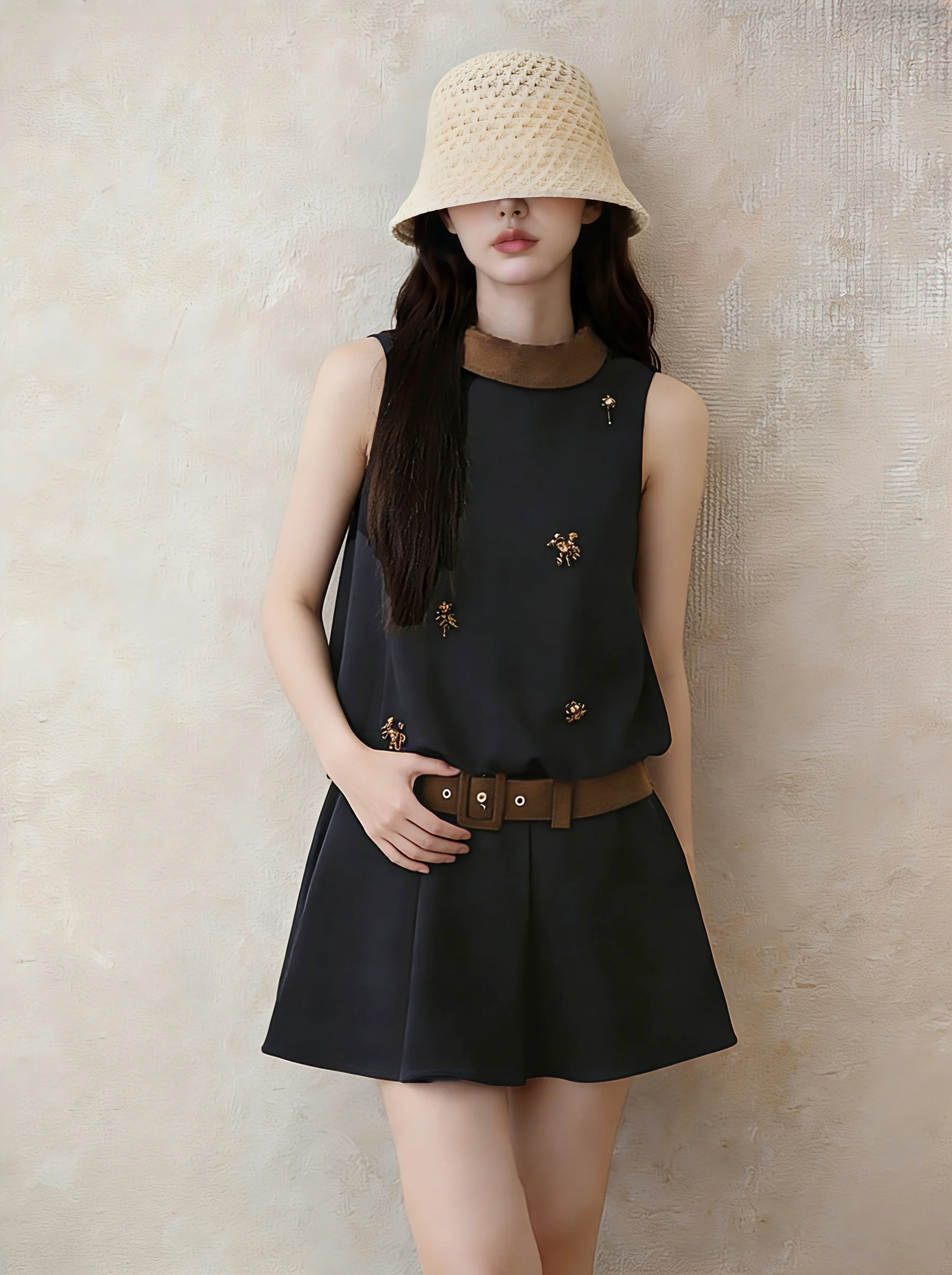 Retro Blue Brown Color Block Sleeveless Waist Cinched A-Line Dress Summer Unique Beautiful Skirt Women's Fashion 2026 New