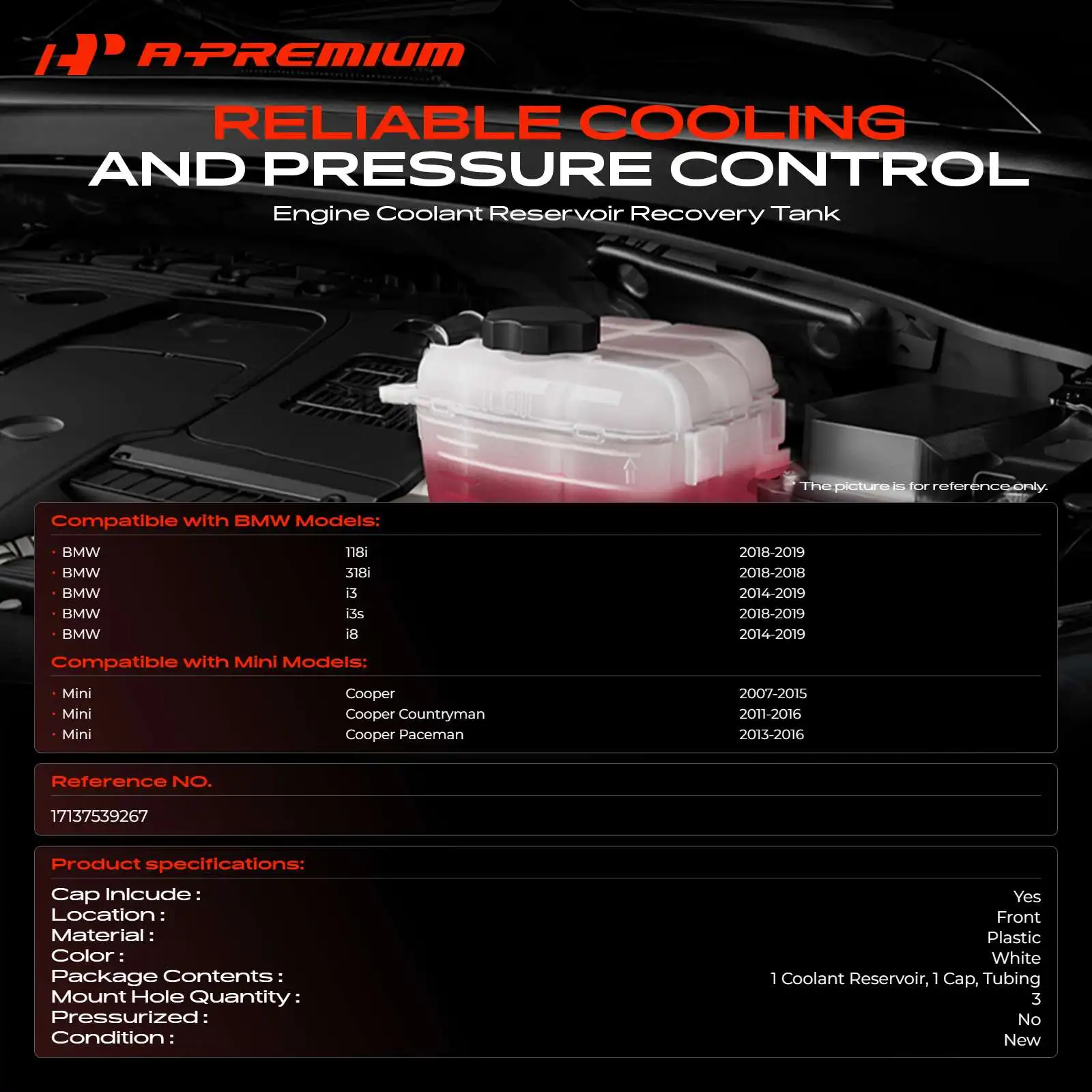 A-Premium Coolant Expansion Tank with cap for BMW 318i 2018 i3 i8 2014-2019 118i 2018-2019 Mini Cooper 2007-2015 Cooper Paceman