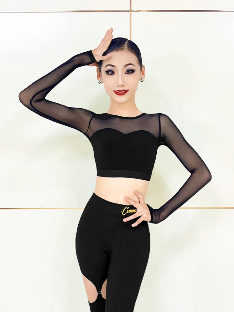 Latin dance costume, women's dance practice suit, children's dance national standard modern dance top, mesh long sleeved