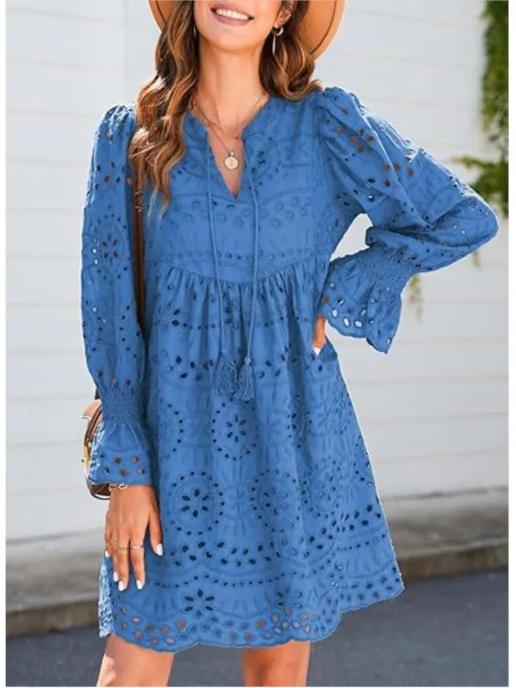 

Solid Color Breathable V-Neck Casual A-line Dresses 2026 Women's Spring And Summer Sexy Hollow Out Lace Long Sleeve V-neck Skirt