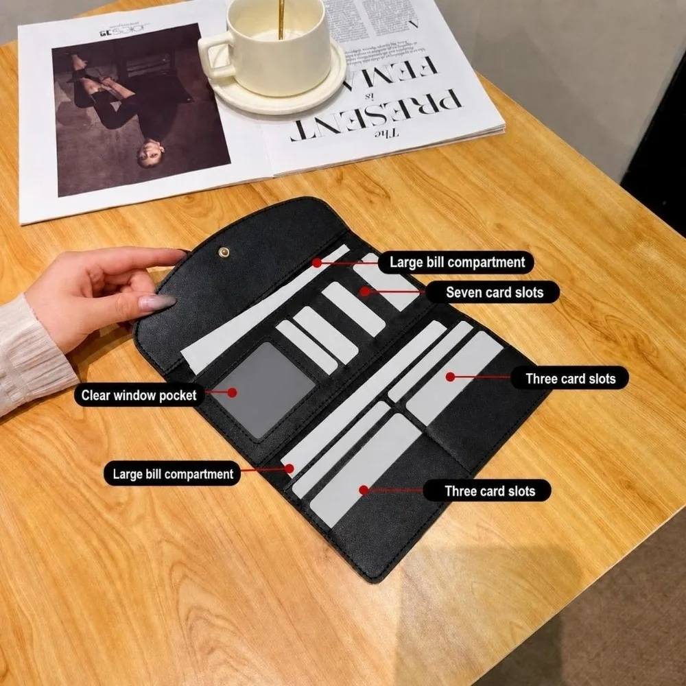 Elegant PU Leather Long Wallet Solid Color Multi Card Slot Card Holder Soft Slim Trifold Purse for Men and Women