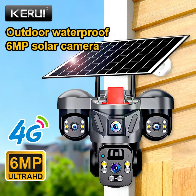 KERUI 4G SIM WIFI Home Security PTZ 6MP Solar Panel Triple Lens Camera CCTV Video Surveillance V380pro Built-in Battery Outdoor