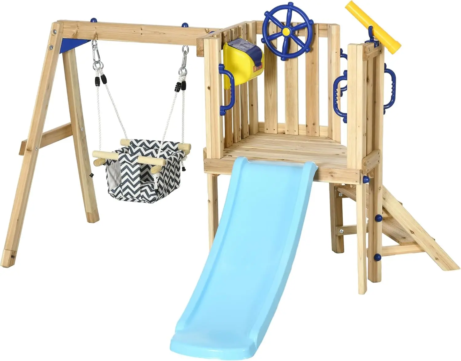 

Outsunny 3 in 1 Wooden Swing Set Outdoor Playset with Baby Swing Seat, Toddler Slide, Captain's Wheel, Telescope, Kids Backyard