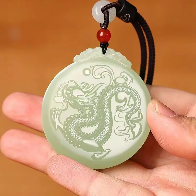 

Синьцзян натуральный нефрит Хэтянь кулон дракона китайский зодиак орнамент ожерелье унисекс круглый нефритовый кулон ювелирные изделия праздничный подарок