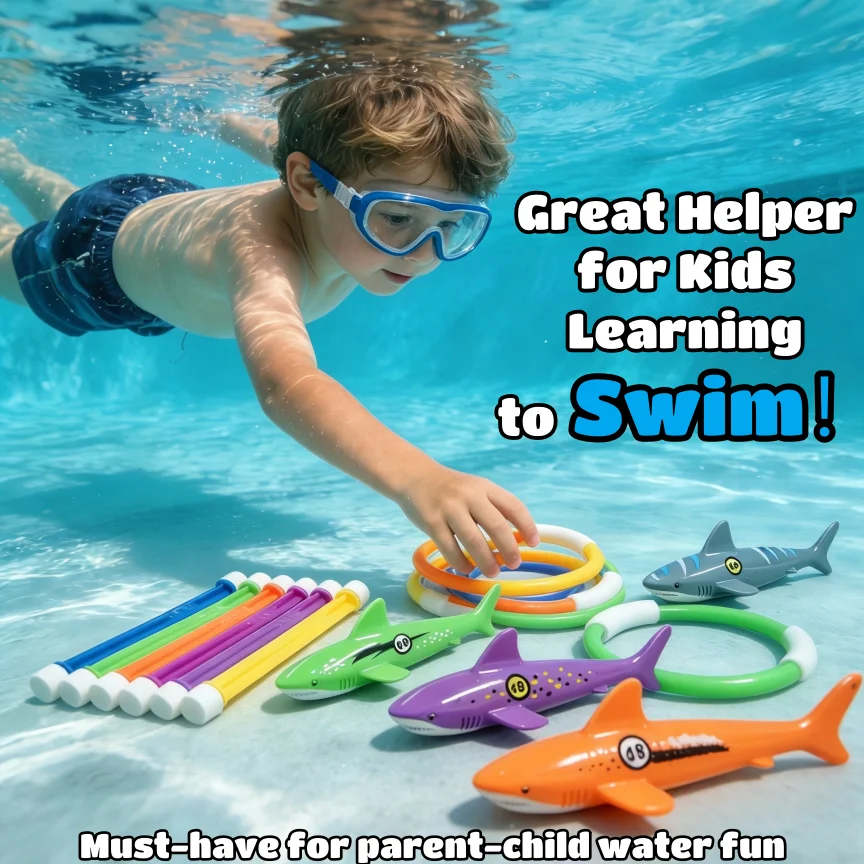 Kids Pool Diving Toys Set Dive Sticks Rings Shark Underwater Grab Toy Summer Beach Water Play Gift Swimming Training Games