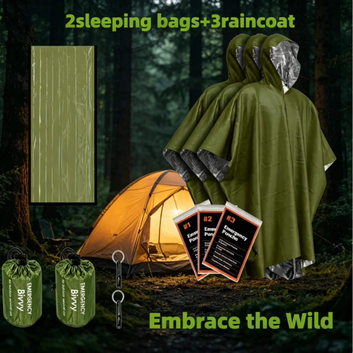 Outdoor Camping Hiking Emergency Gear Set - 2 Bivy Sleeping Bags + 3 Thermal Rain Ponchos, Windproof Heat-Retaining Survival