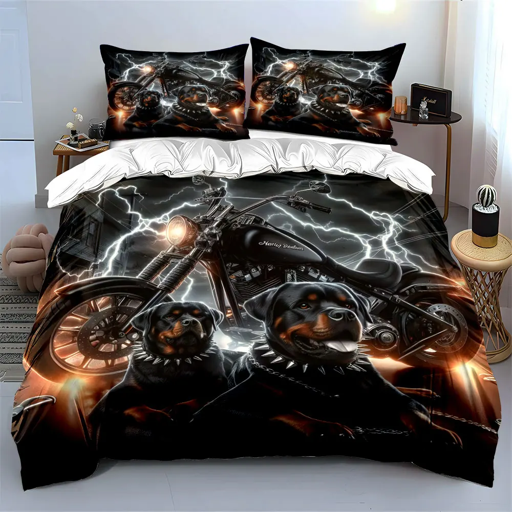 Motorcycle and Rottweiler Bedding Design Print Bedding Set 1 Duvet Cover 2 Pillowcases for Adult and Children Luxury Gift