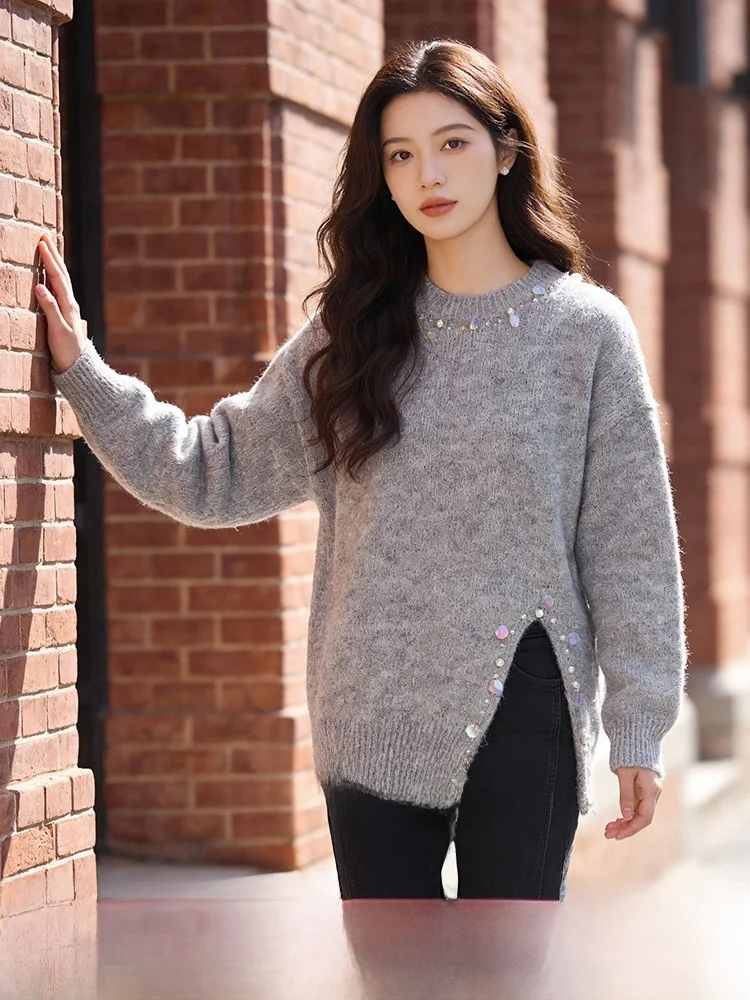 

Casual Knitted Sweater Large Size round Ne Pullover Slimming Lazy Sle Spring New Arrival Women's plus Size Inner Wear