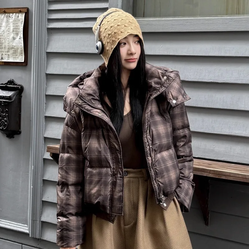 2025 Winter Fashion Women's Down Jacket Commuter Hoodie Plaid Short Jacket