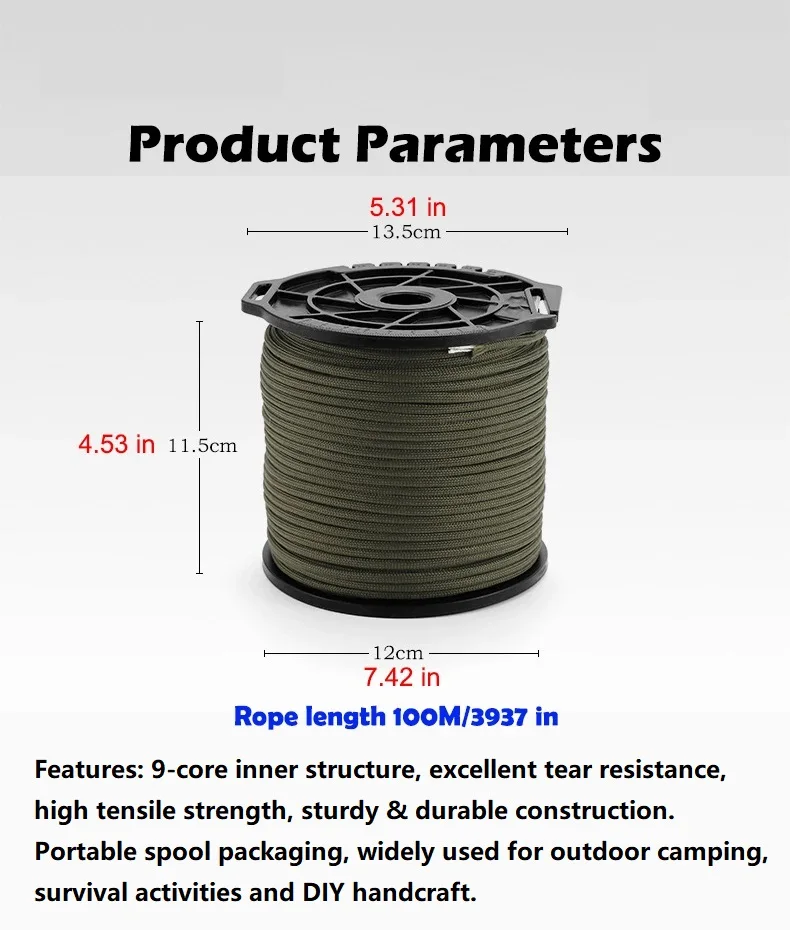 100M 9-Kern-Paracord-Seil, Outdoor-Bergsteiger-Camping-Zelt-Überlebensseil, DIY-Armband-Webe-Dekorationsseil – Detail 5