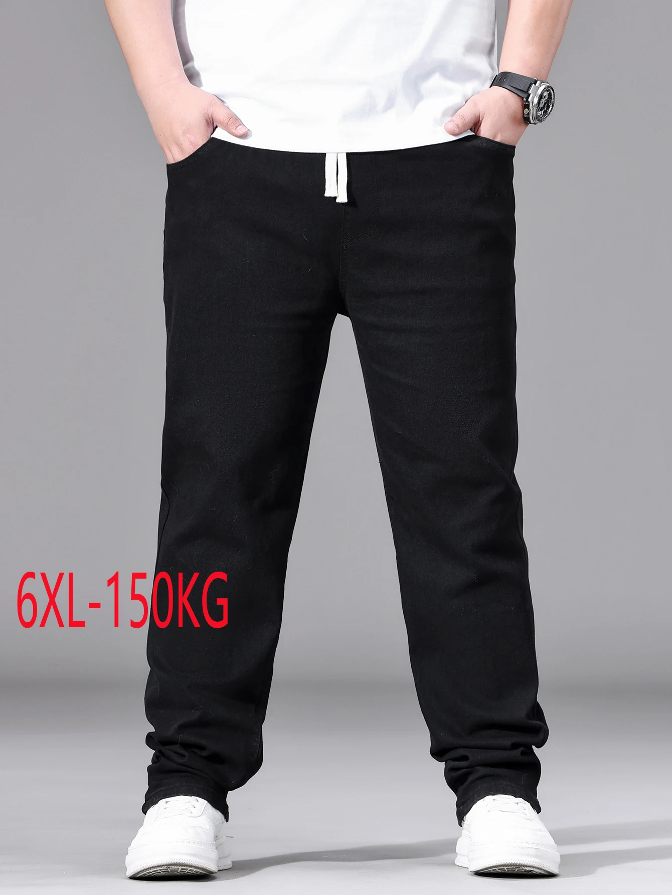 

Men Black Jeans Plus Size Elastic Waist Drawstring Pants Slim Fit Stretch Denim Trousers Casual Streetwea For Big And Tall New