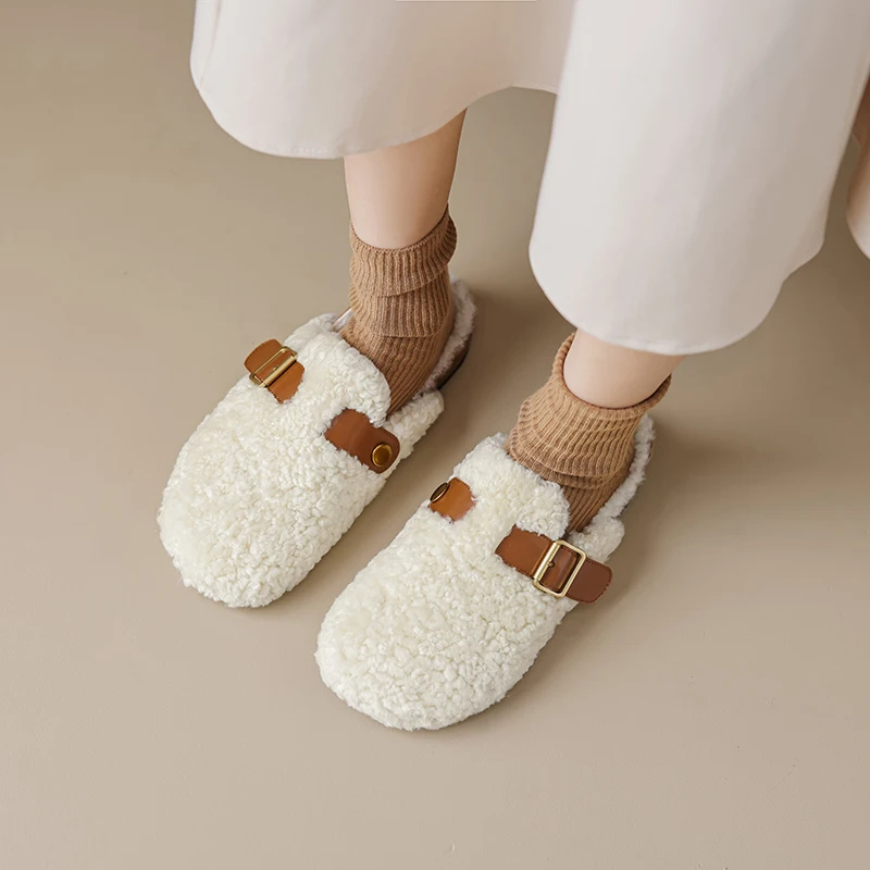 Dilalula 2026 موضة النساء نعال من الصوف كعوب منخفضة سميكة مغطاة تو حزام مشبك ديسمبر سيدة الخريف الشتاء الدافئة البغال عادية #2