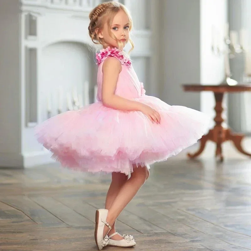 Custom Pink Tulle Puffy With 3D Flowers Single Shoulder For Wedding Birthday Party Banquet Princess Gowns Flower Girl Dresses
