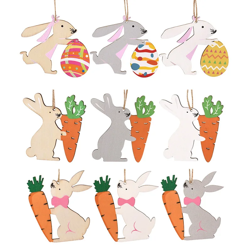 

3Pcs Easter Wooden Bunny Egg Carrots Ornament Kids Gift Toys Hanging Rabbit Pendant with Rope 2025 Easter Party Home Decoration