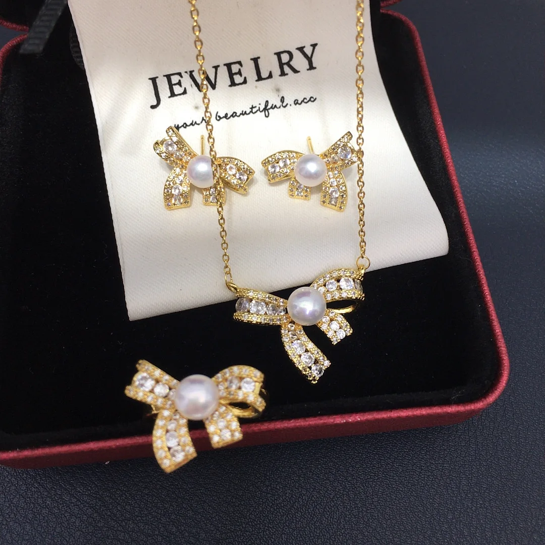 Natural Freshwater Pearl Wholesale Set for Women with Full Zirconium - Earrings Pendant Ring Stereo Bow Jewelry Accessory