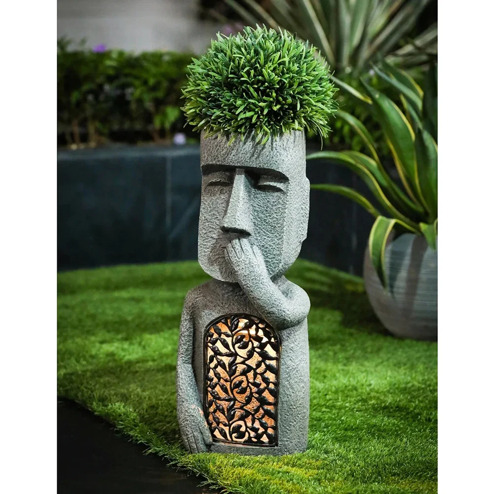 See Hear Speak No Evil Easter Island Statues Creative Resin Sculpture Vase with Hollow Out Design-Outdoor Home Decor Figurine