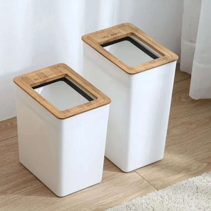 Rectangular Trash Can with Wooden Lid Ring Large Wastebasket White Garbage Bin Can Trash Container for Office Home Bedroom