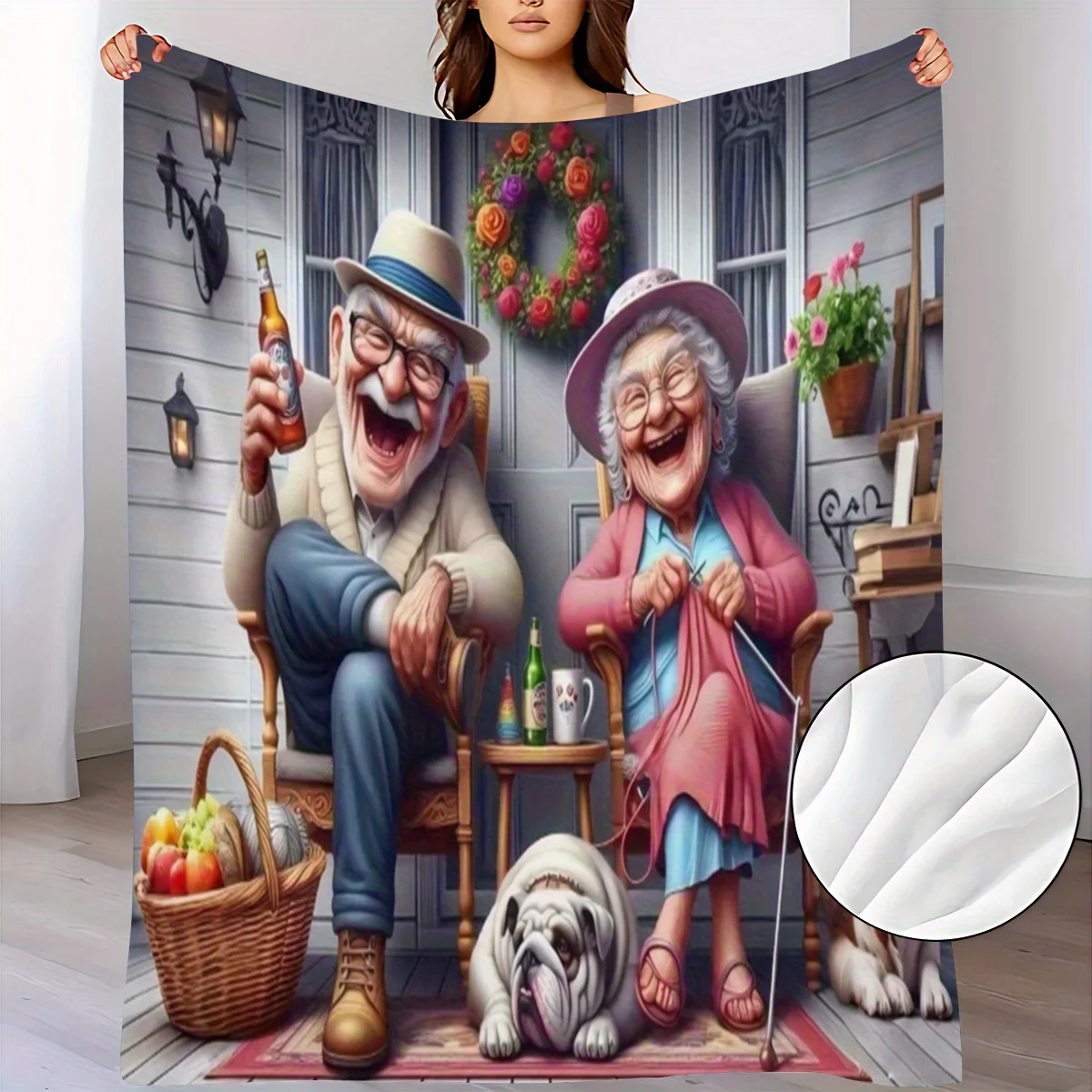 Whimsical Retirement Life Blanket Joyful Grandparents Pair Drinking Beer And Knitting On Front Porch Accompanied By Lazy Bulldog