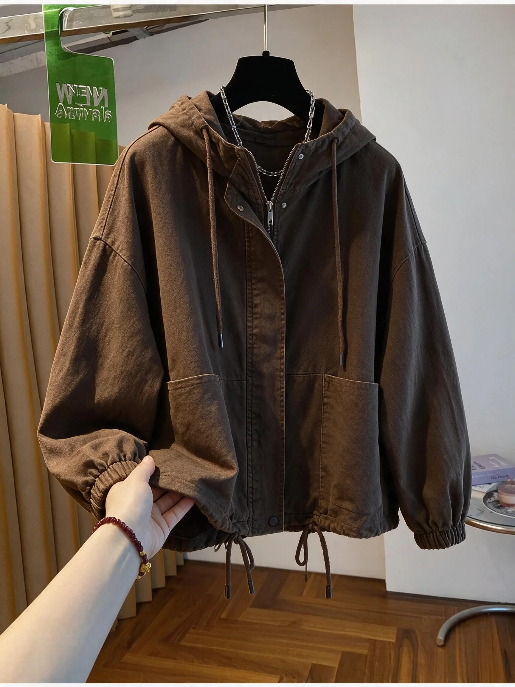 Retro Washed Hooded Jacket Women's Design Spring New Loose Fit Short Outerwear Cotton Commute Style Zipper Decorated Long Sleeve