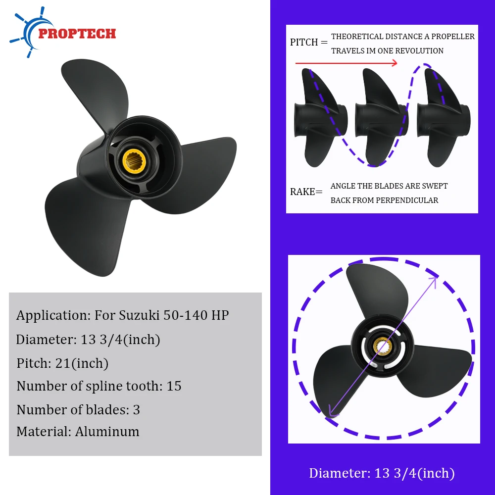 Outboard Propeller 13 3/4X21 for Suzuki 50 60 70 90 100 115 140 hp Boat Motor Aluminum Alloy Screw 3 Blade 15 Spline Engine Part