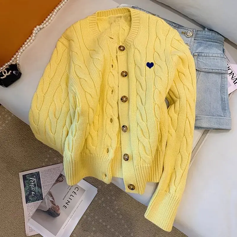

Yellow twist sweater jacket women fall and winter 2024 new long-sleeved loose design niche knitted cardigan lazy style