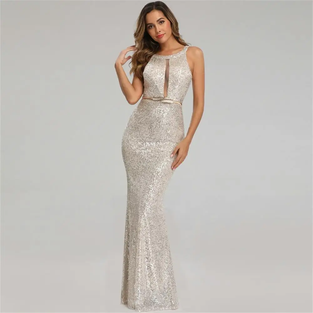 

Sleeveless O-neck Evening Dress Sequins Mermaid Robe De Soriee Floor-Length Party Dress Sparkle New Formal Dress