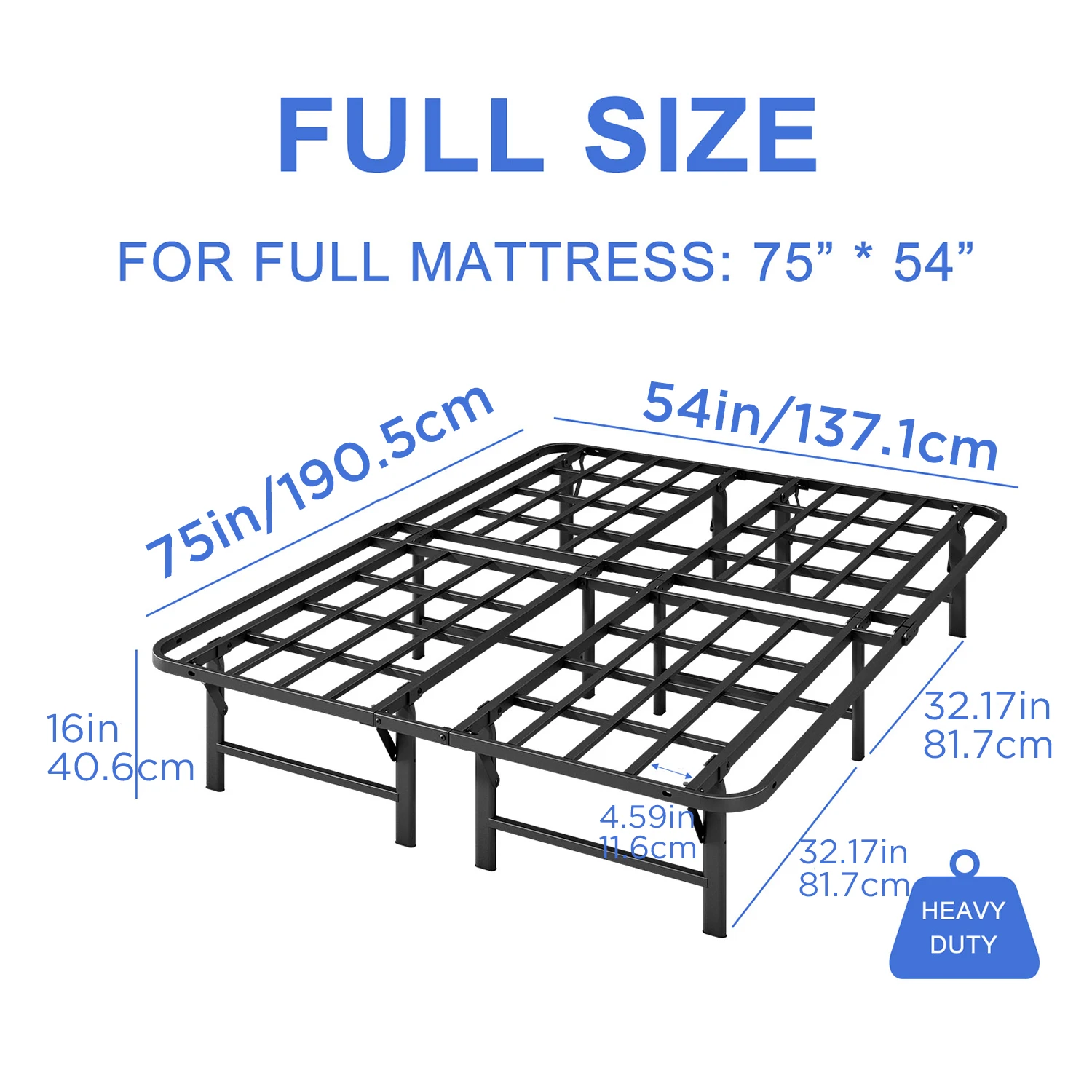 ZIYOO 16-Inch Full Size Metal Bed Frame – No Box Spring Needed, Foldable, Easy to Install, Noise-Free Design, Black Single & Dou