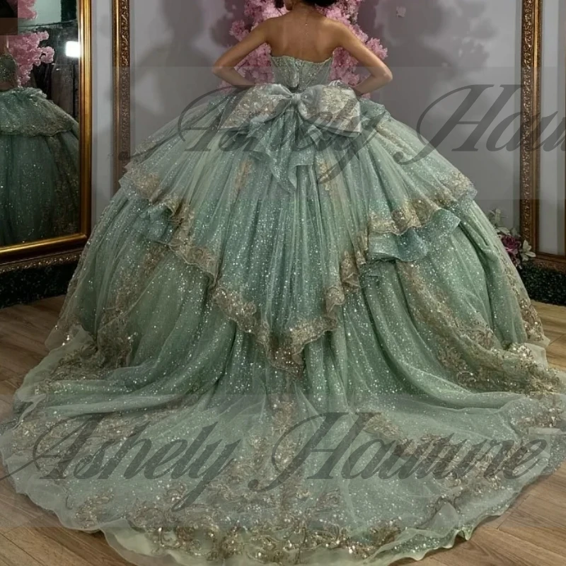 Maßgeschneiderte Luxus Mint Green Quinceanera Kleider Kristall Gold Spitze Applique Bogen Frauen Prom Geburtstag Party Kleid Vestido 15/16