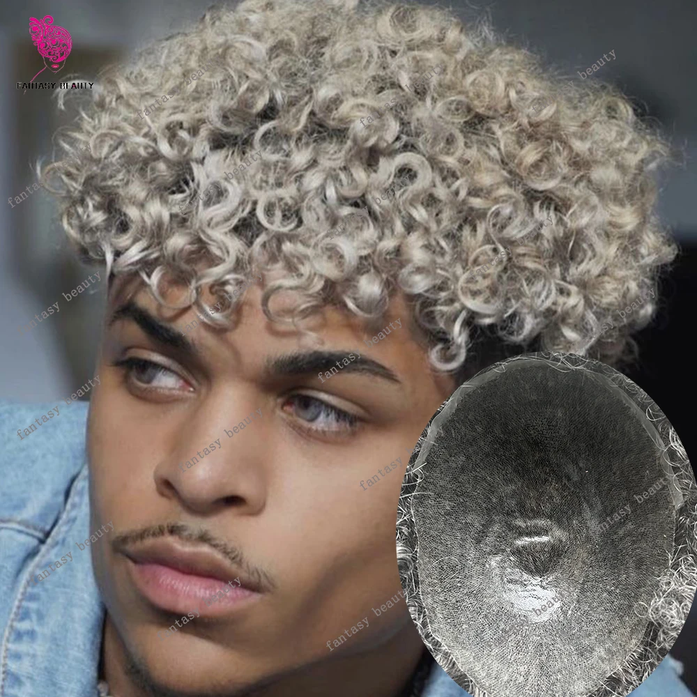 

15mm Curly Human Hair Toupee for Men Thin Skin Male Wigs Natural Human Hair System Durable Full PU 1B80 1B65 Grey Afro Hairpiece