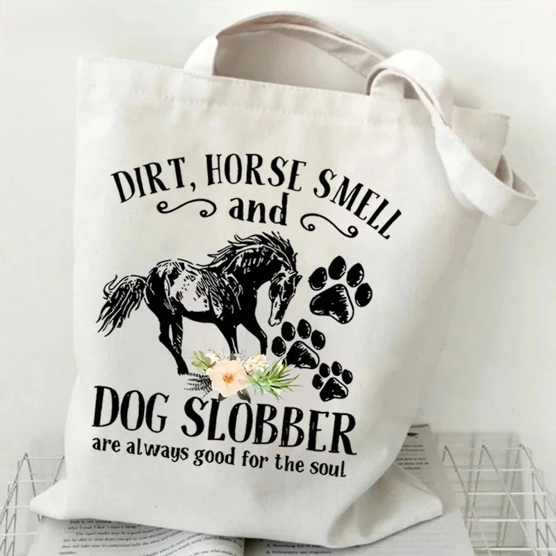 Bolso de mano para mujer, bolso de hombro para ir al trabajo con estampado de caballos y flores, bolso de compras de gran capacidad con estampado de caballos, de lona, de gran capacidad