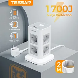 Tessan-USB付きタワー延長コード,電源タップ,スイッチ付きマルチソケット,サージ保護,2m