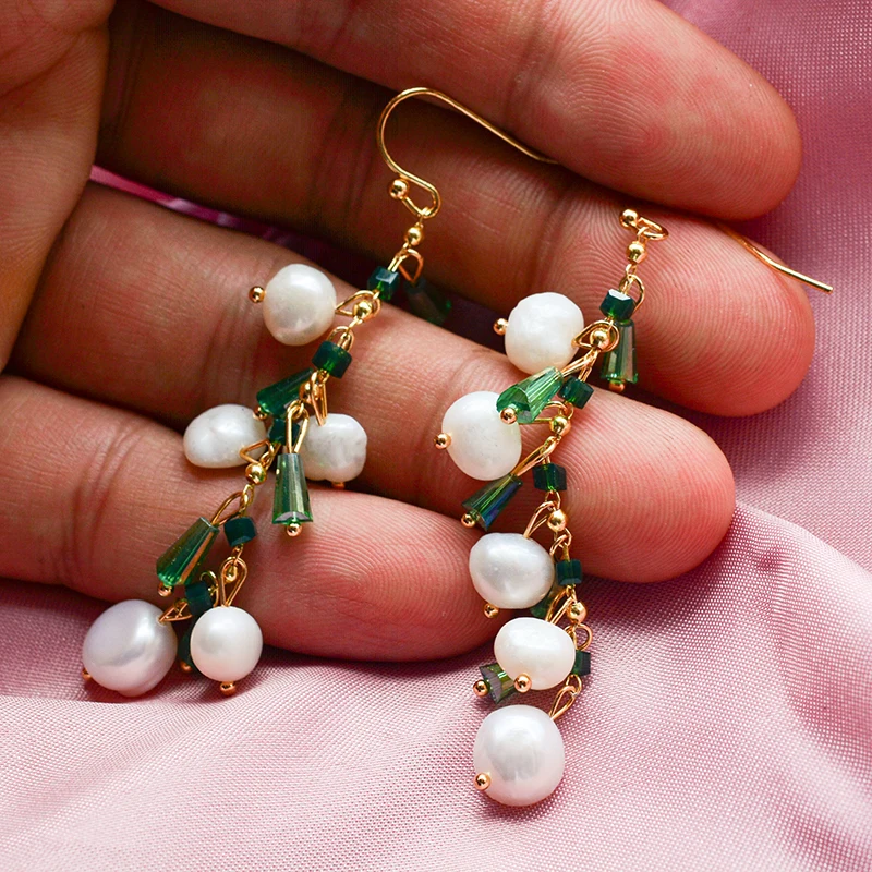 New Arrival Trendy Green Crystal & Natural Freshwater Pearl 14K Gold Filled Female Tassels Drop Earrings Jewelry For Women Gifts