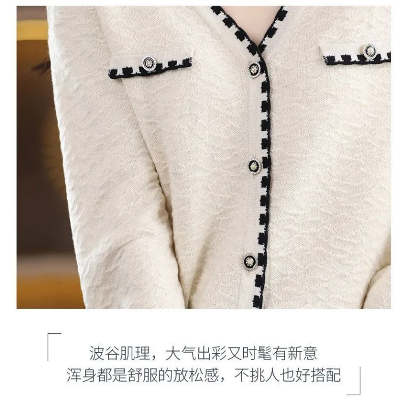 Chaqueta de punto de lana mercerizada para mujer, cárdigan nuevo de otoño, Top holgado con cuello en V, Top de manga larga con costuras contrastantes