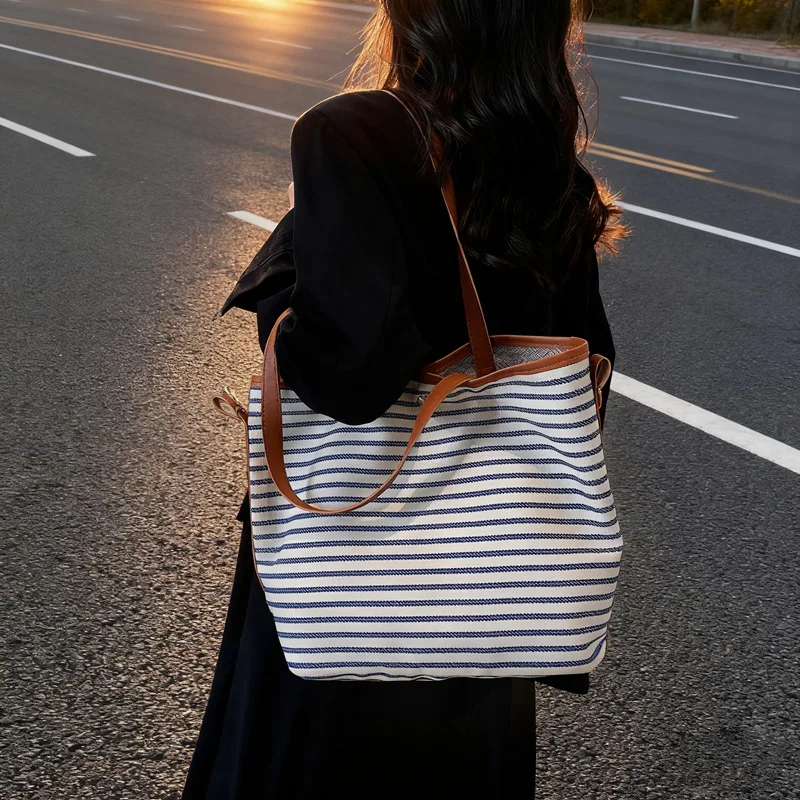 جديد الكورية نمط سعة كبيرة مخطط حمل حقيبة الموضة كسول عادية ركاب قماش حقيبة كتف عادية الملمس دلو حقيبة #4