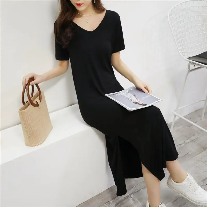 Letnia koszulka z dekoltem w serek, spódnica o kroju litery A do kolan z wysokim stanem, odzież damska, wygodna, oddychająca, codzienna.
