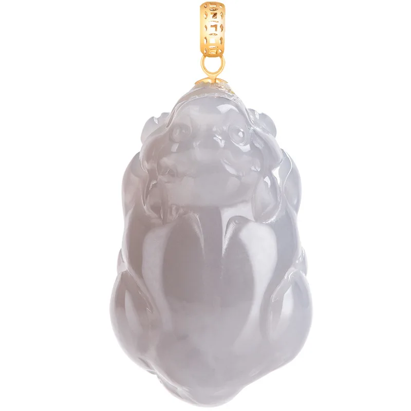 Natural Hetian Jade Smoky Purple 3D Pixiu Jade Pendant 18K Gold Inlay Necklace for Men and Women Luck Blessing Gifts