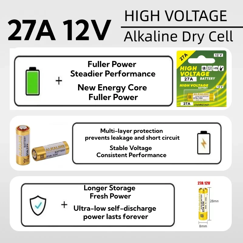 

12V 27A Dry Alkaline Battery A27 Batteries 27AE 27MN A2 L828 K27A for Remote Control Gamepad Flashlight Doorbell Toys
