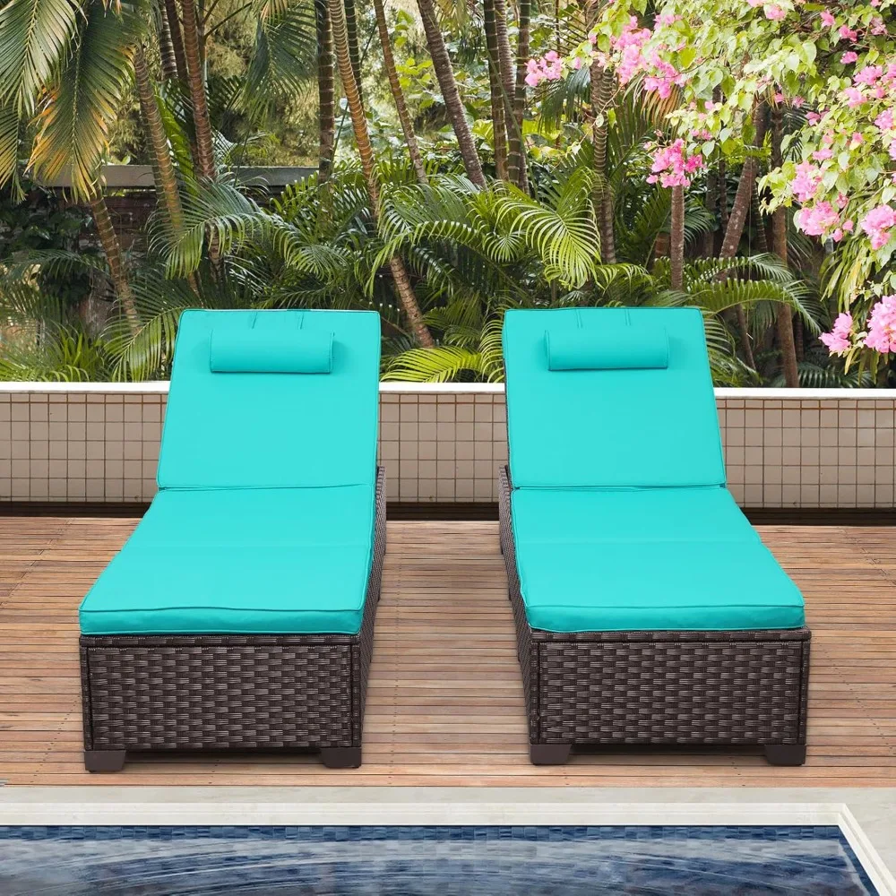 Patio Chaise Lounge Chairs Set of 2 Outdoor Chaise Lounge Pool Lounge Chairs Poolside Recliner Chairs with Turquoise Cushions