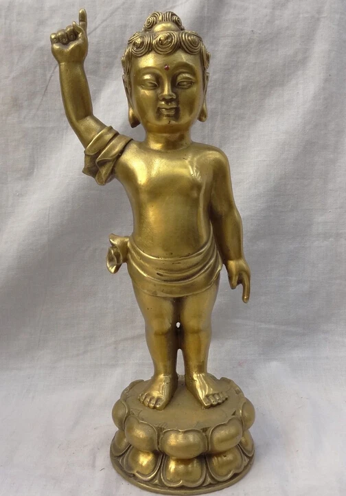 

11" Chinese Pure Brass Tibet Lotus Shakyamuni Buddha Kid Up Sky Bronze Statue statues garden decoration