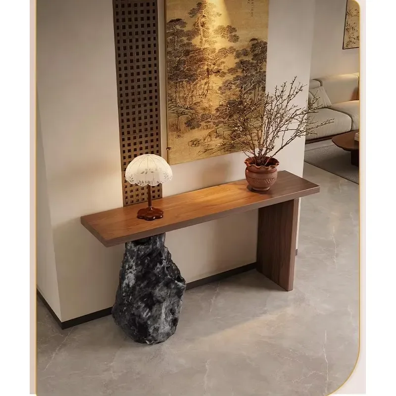 Modern Rainforest Green Marble Side Table with Bamboo Panel Hollow Design Living Room Console Furniture