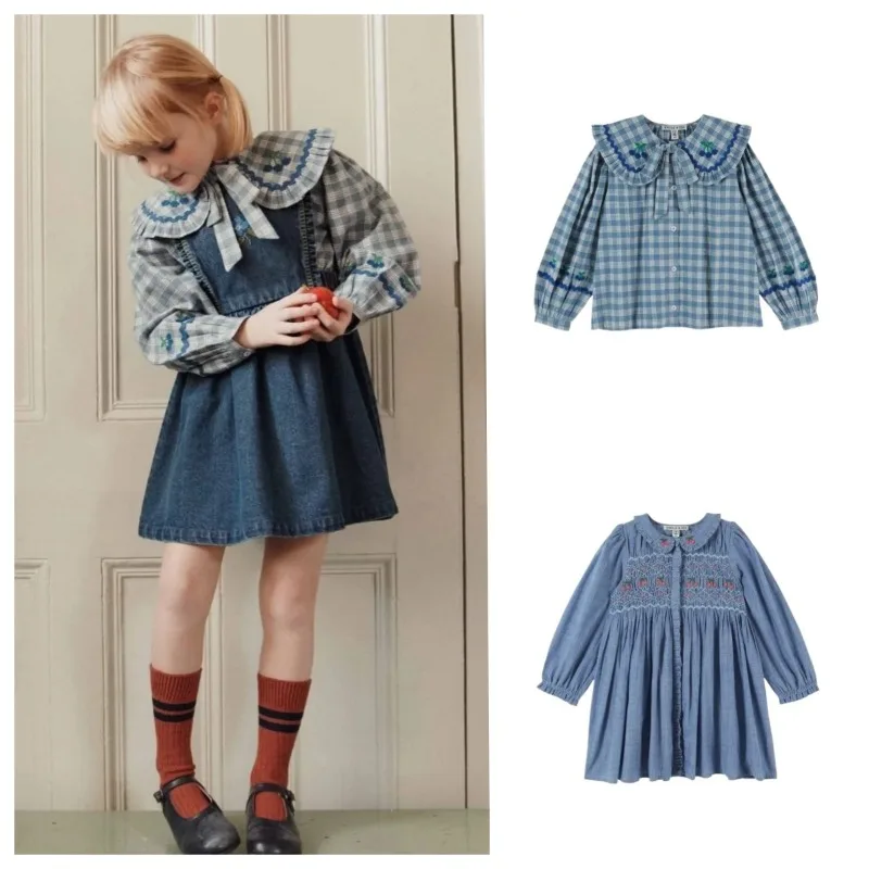 Autumn Kids Shirts Girl Casual Dresses Red Floral Smocked Dress for Girls Cherry  Lace Collar Baby Shirt Roupa Infantil Menina