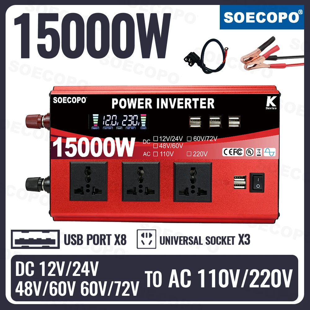 15000W All-in-One Power Inverter DC 12V/24V/48V/60V/72V to AC 110V/220V 3 Universal Sockets 8 USB LCD Smart Fan for Home RV