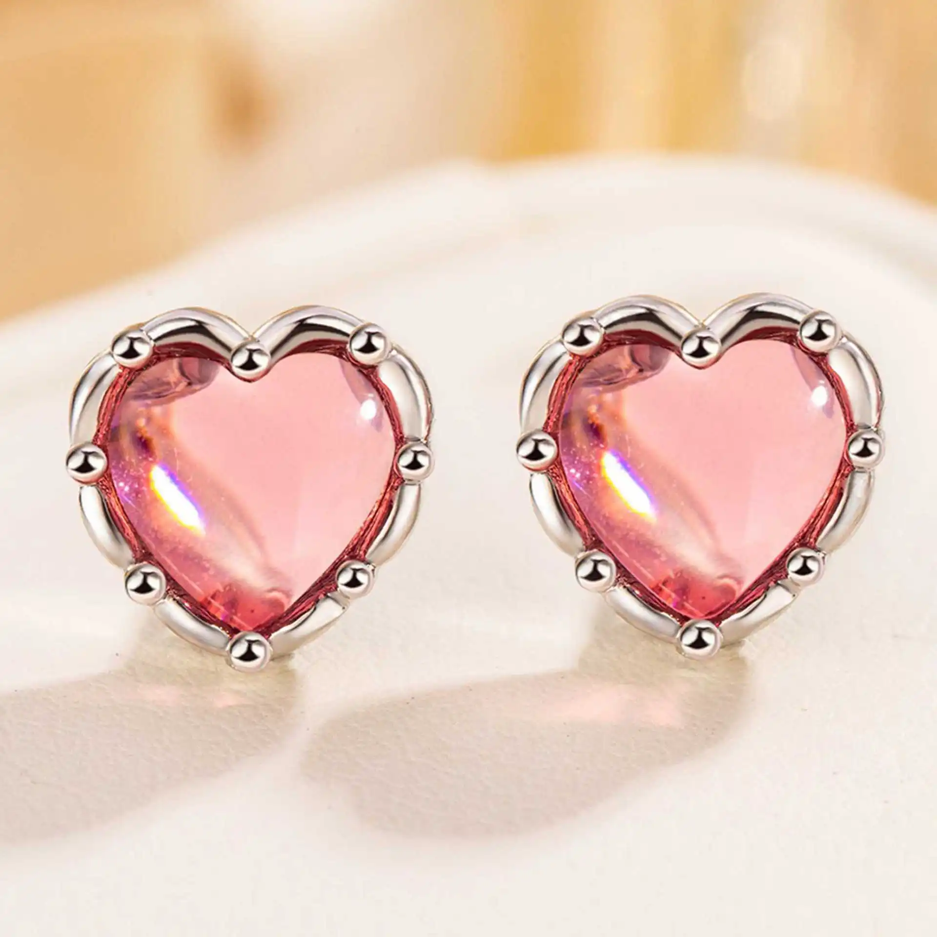 

925 Sterling Silver Wedding Zircon Pink Heart Piercing Stud Earrings For Women Elegant Luxury Jewelry 2025 Trend Jewellery