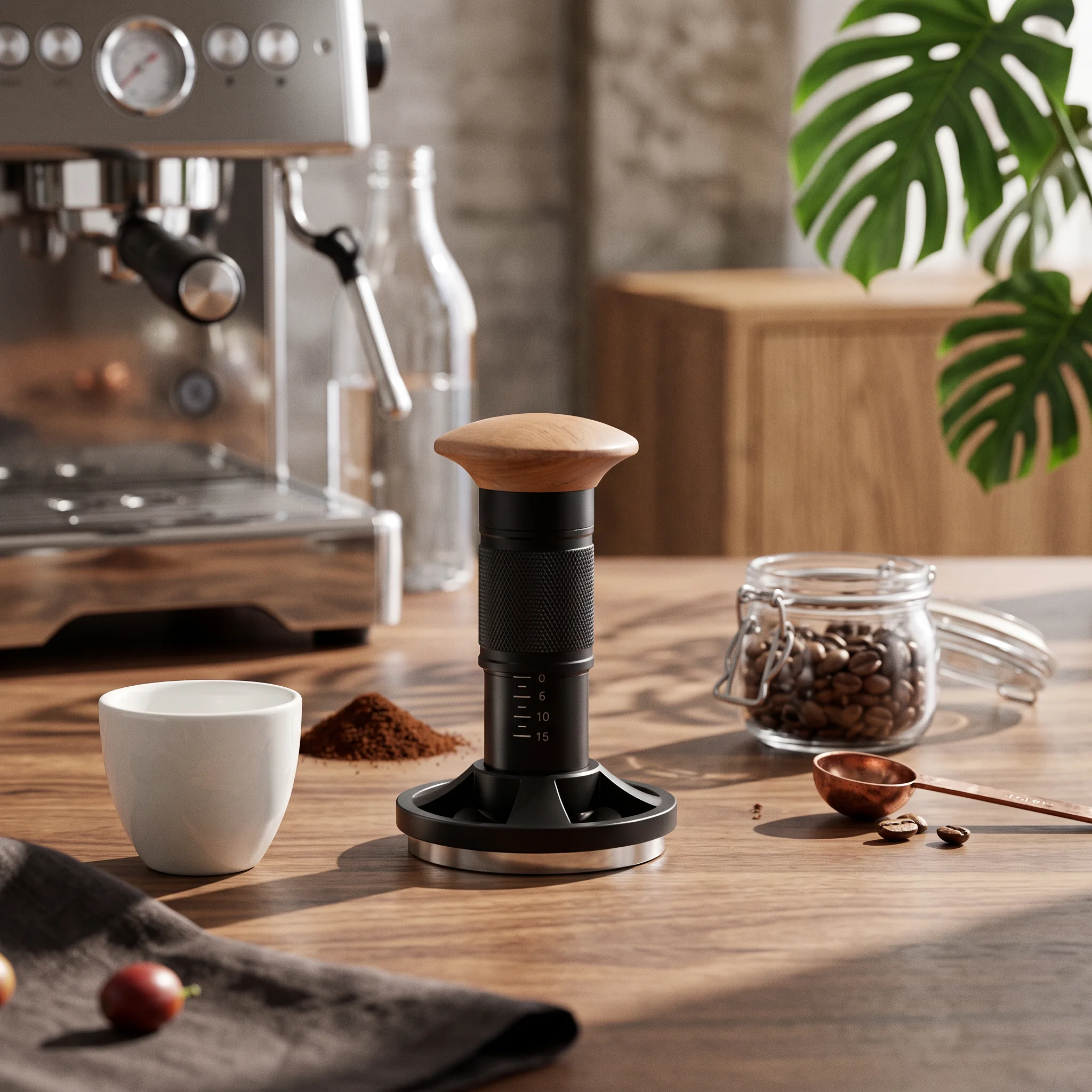 Spring-Loaded Espresso Tamper Automatic Rebound Espresso Tamper with Wooden Handle Stainless Steel Long-Lasting for Baristas