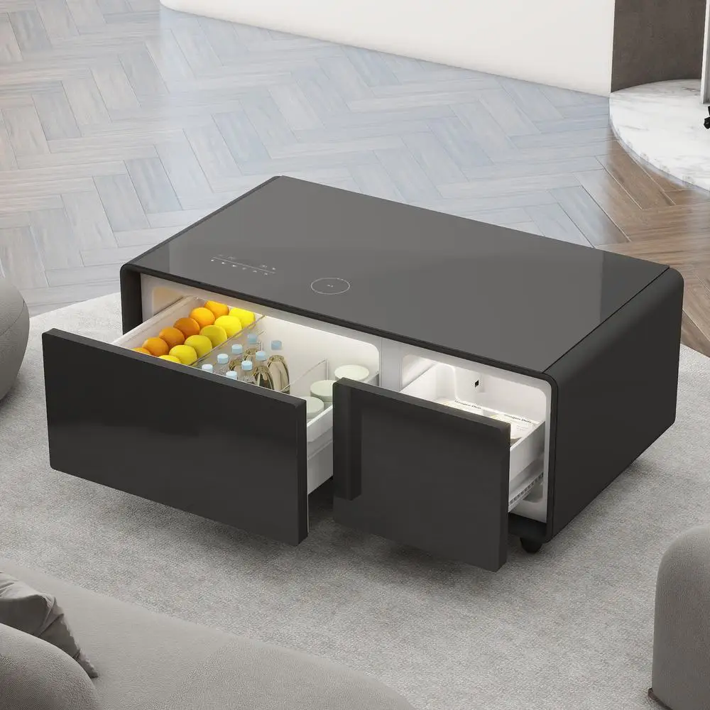 

Smart Coffee Table with Fridge Dual Zone Cooling Bluetooth Speaker Wireless Charging USB Type-C RGB Light Black