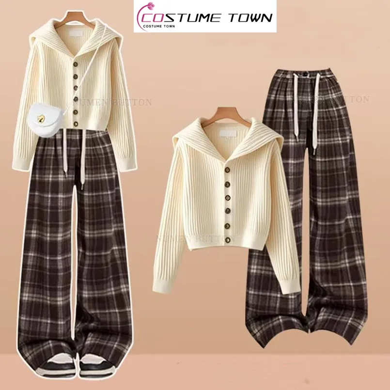 

Autumn/Winter Korean Set Women's Gentle Temperament Knitted Sweater Retro Checkered Casual Pants Two Piece Set