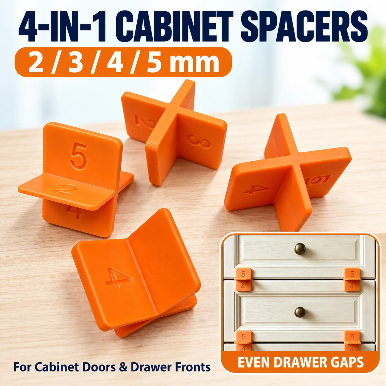 4-in-1 Cabinet Door Gap Spacers 2/3/4/5mm Drawer Front Alignment Shims Woodworking Positioning Tools for Furniture Installation