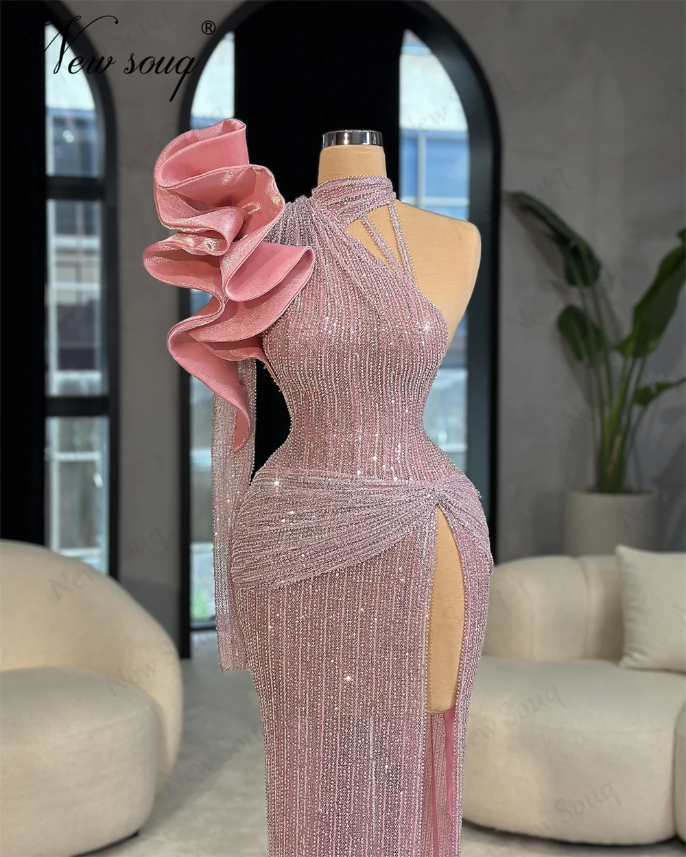 Abendkleider Pink Beaded Evening Dresses Customized Ruffles One Shoulder Party Gowns For Weddings Prom Dress Vestidos De Noche