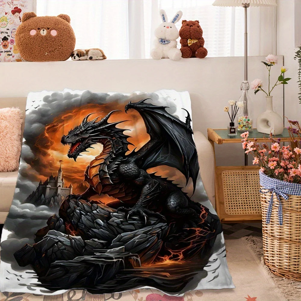 Dragon Roaring Under Black Clouds - Soft Flannel Throw Blanket with Vivid Digital Print, Cozy Polyester Sofa Cover, All-Season H